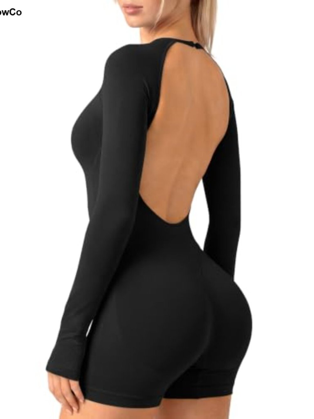 Long Sleeve Open Back Workout Romper with Built-In Bra
